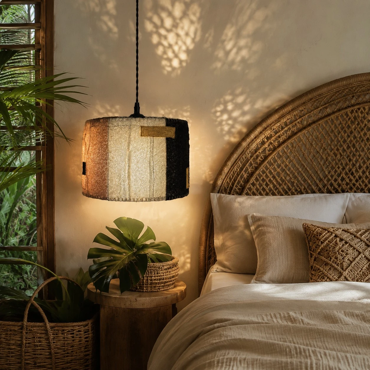 Natural Loofah Woven Pendant Lamp Wabi Sabi Patchwork Hanging Light