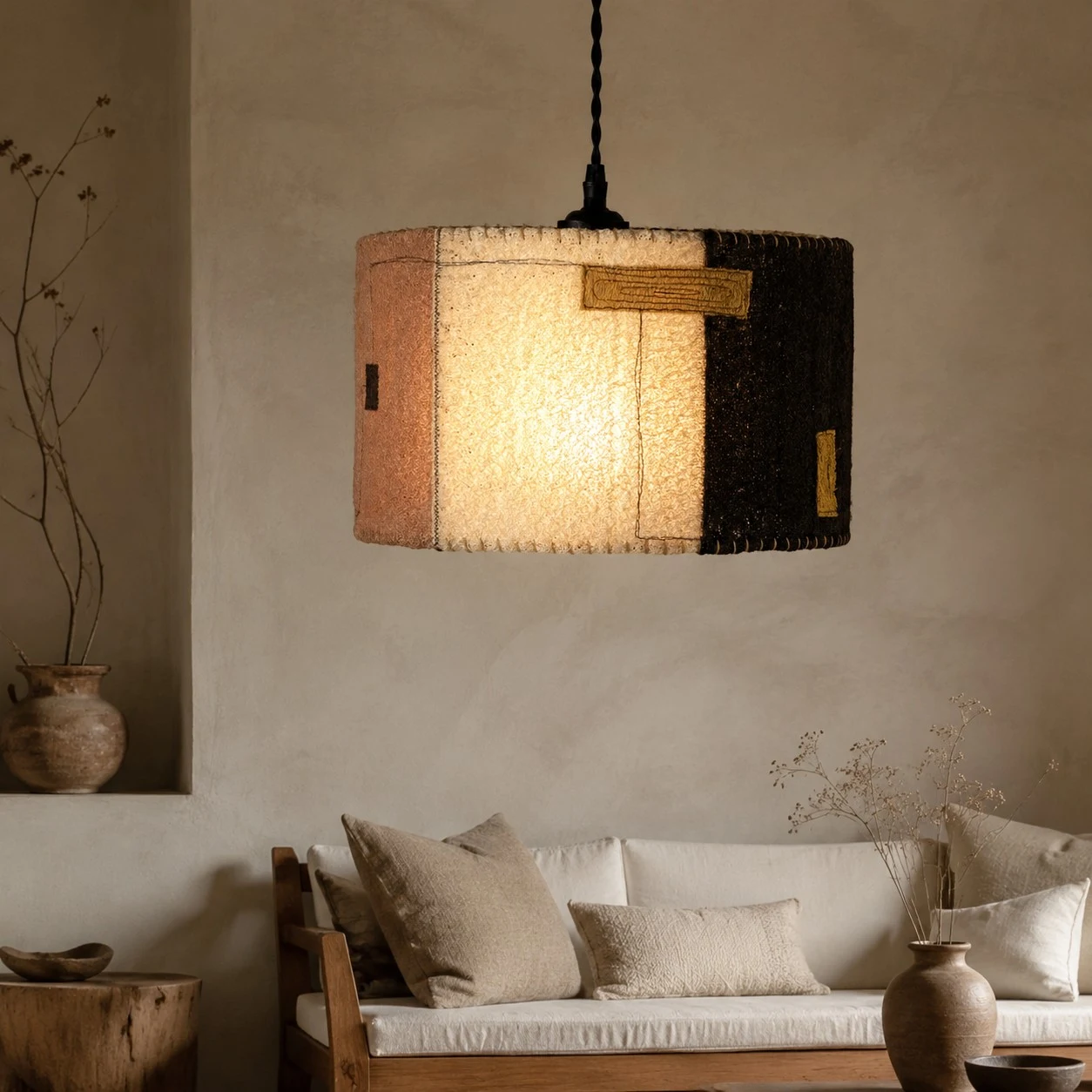 Natural Loofah Woven Pendant Lamp Wabi Sabi Patchwork Hanging Light