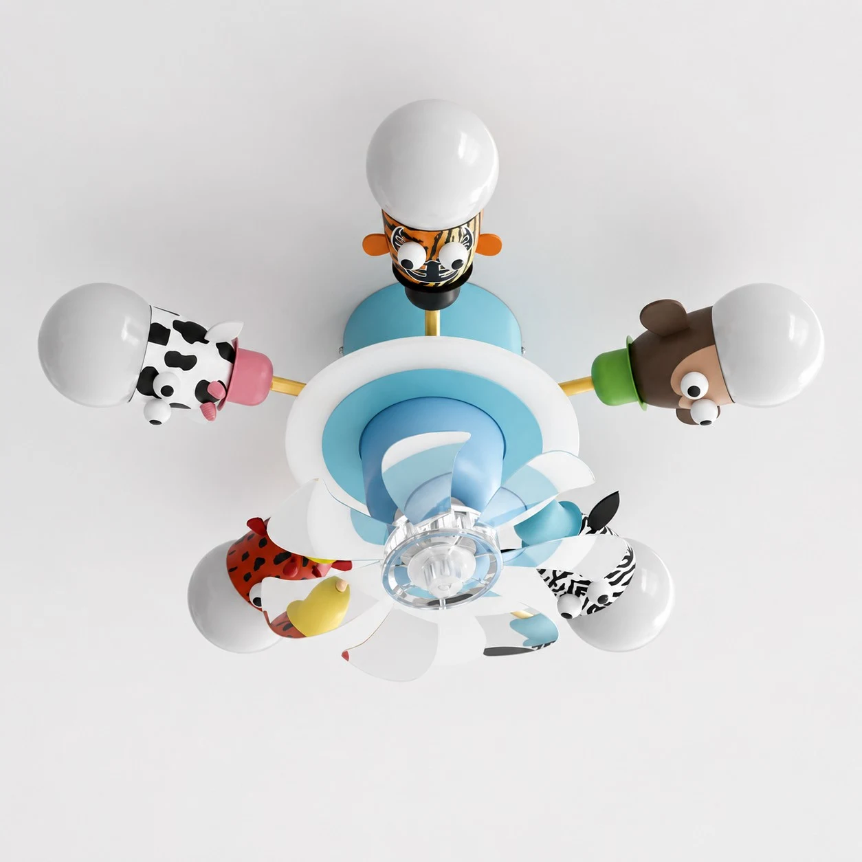 Blue five-head animal ceiling fan light viewed from below
