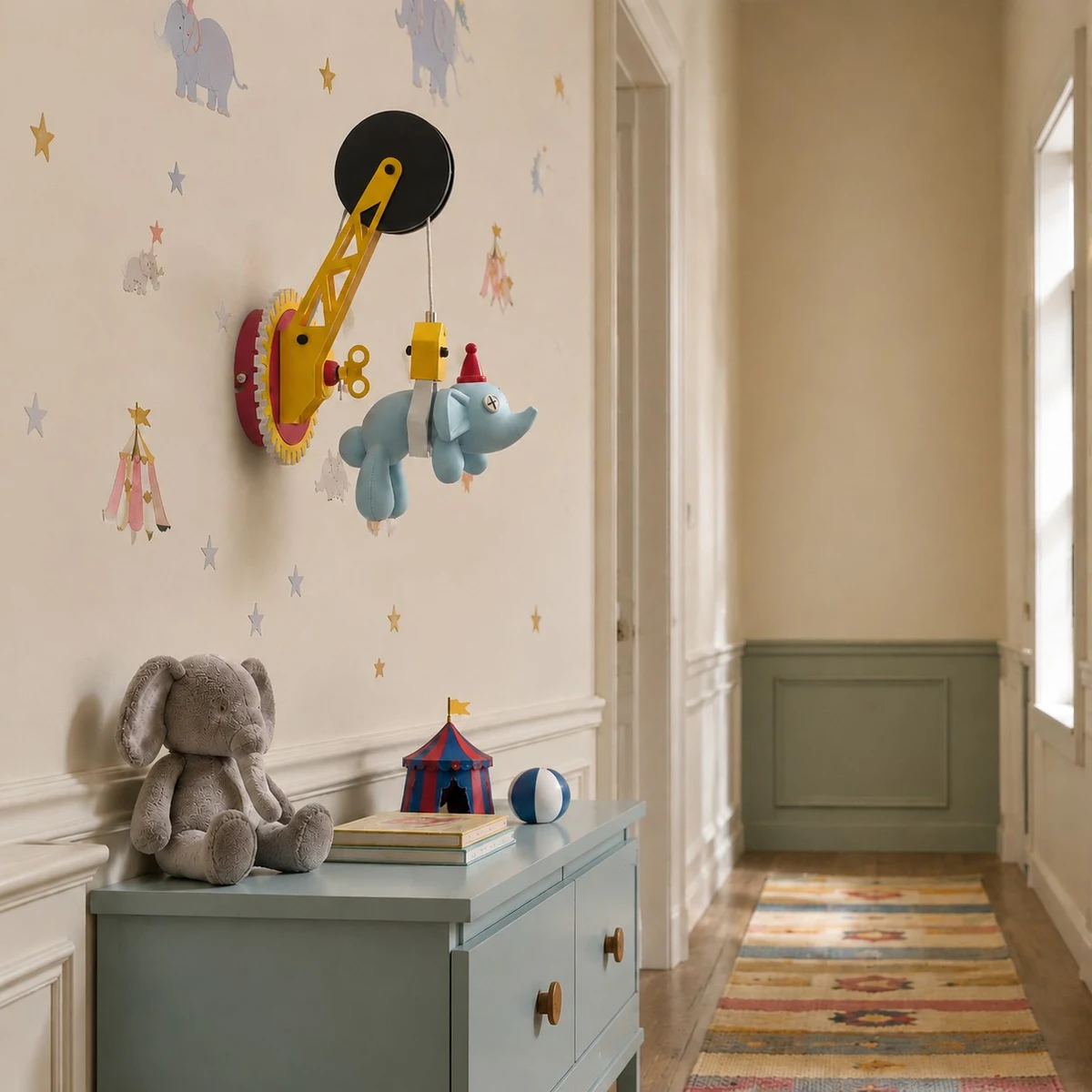 Elephant wall lamp showing hallway scale
