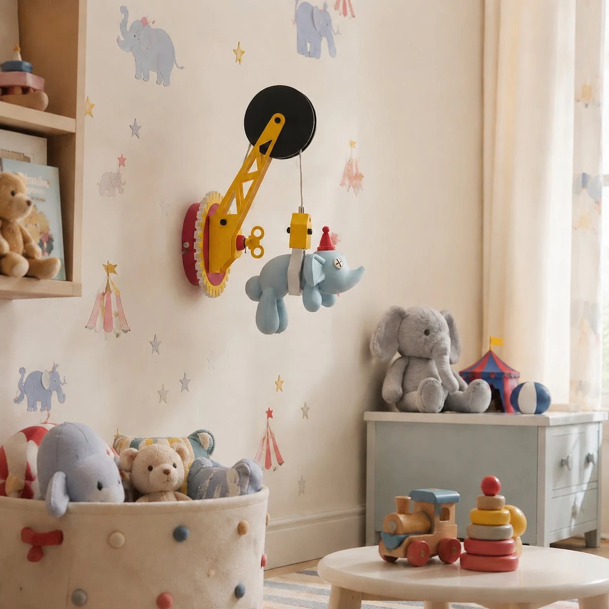 Elephant wall light in a playroom corner