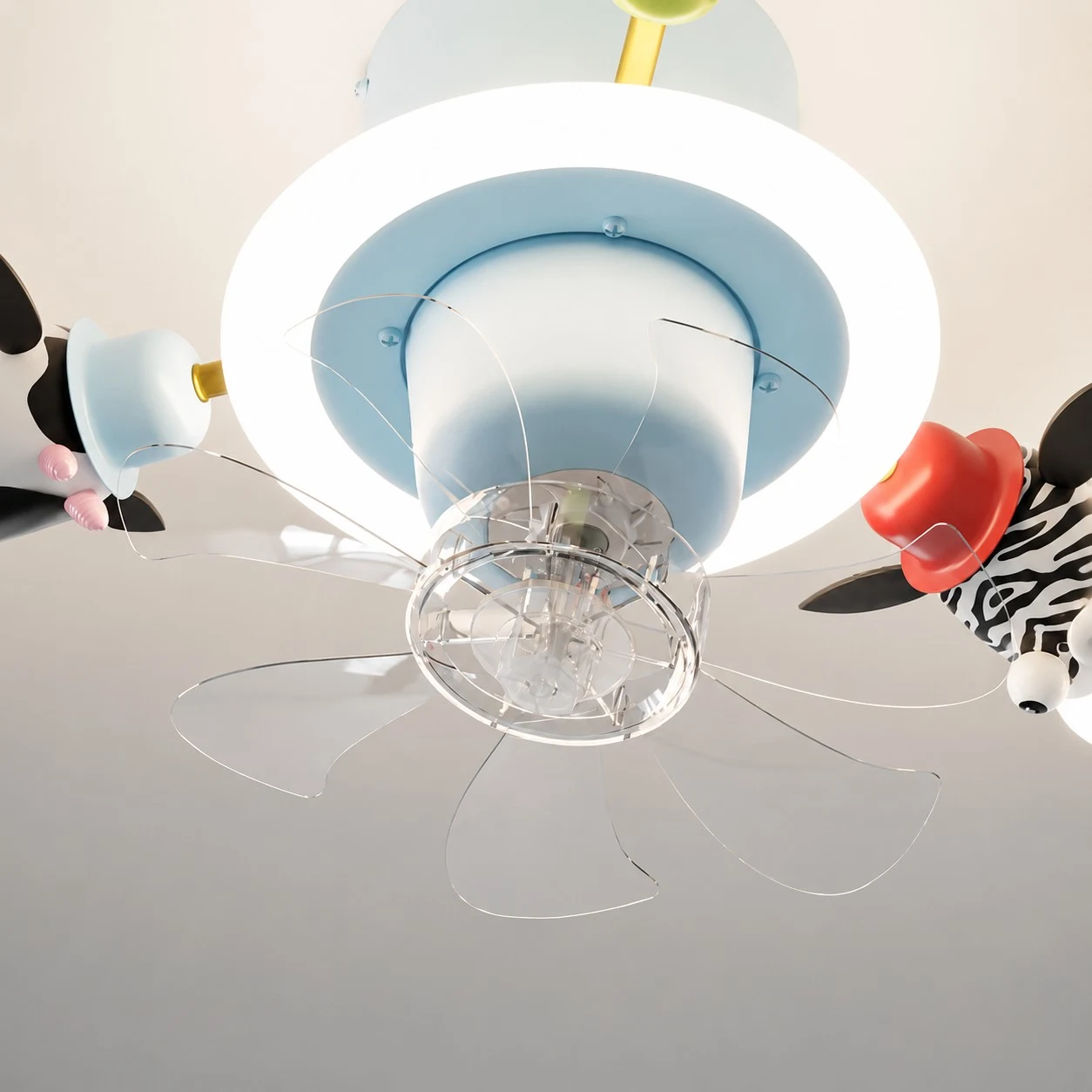 Close view of the transparent fan blades and blue lamp body