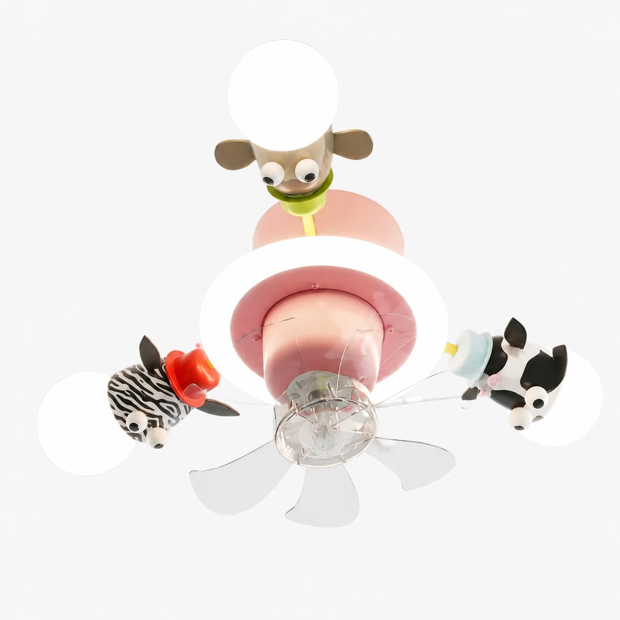Pink 3-head kids animal ceiling fan light on white background