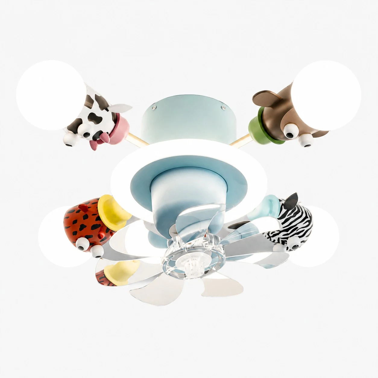 Blue 4-head kids animal ceiling fan light on white background