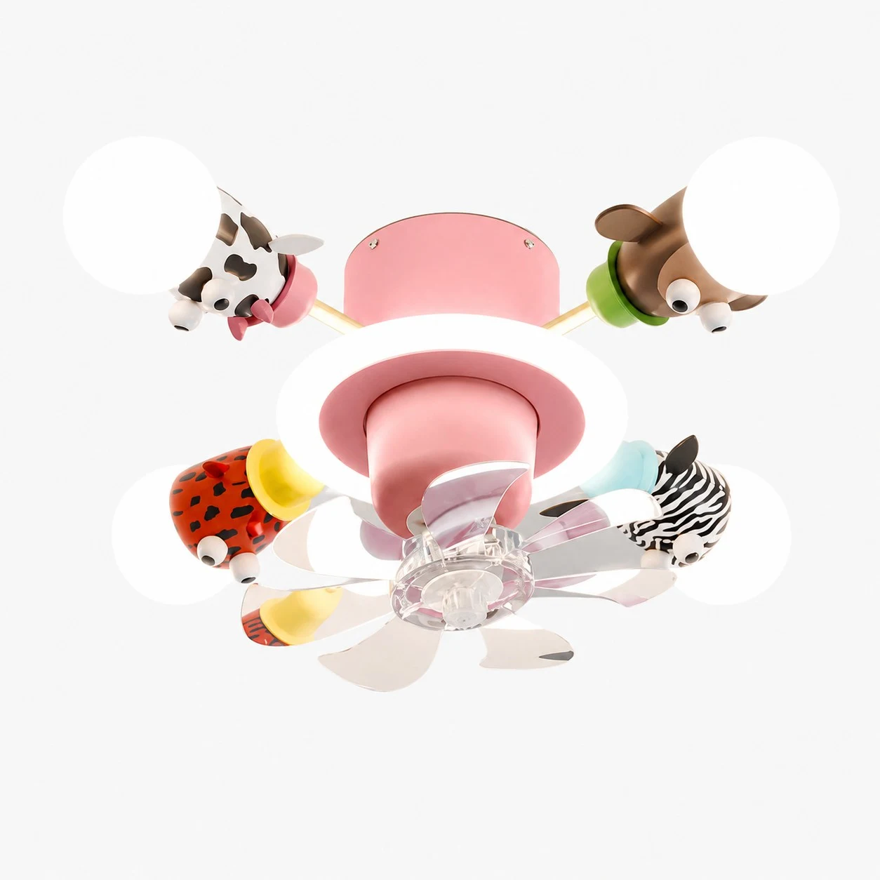 Pink 4-head kids animal ceiling fan light on white background