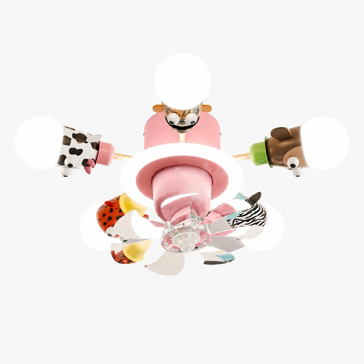 Pink 5-head kids animal ceiling fan light on white background