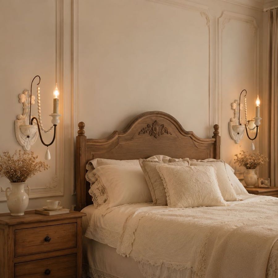 One-light wall sconce installed beside a bedroom headboard