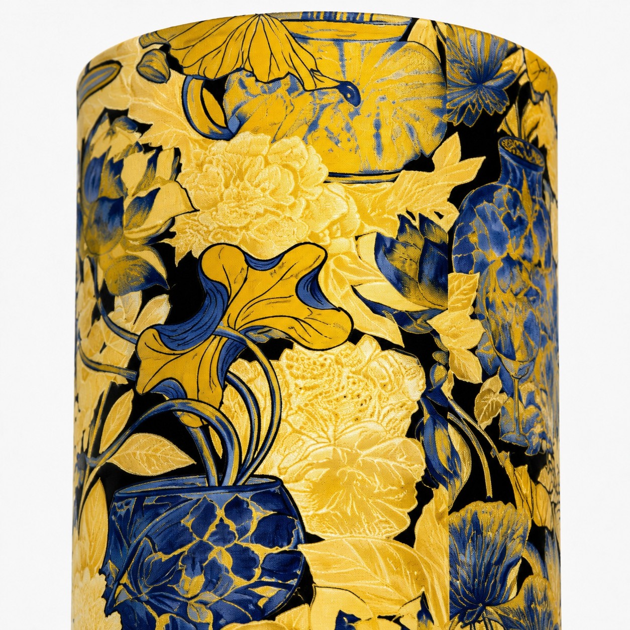 Close view of yellow blue floral lamp shade