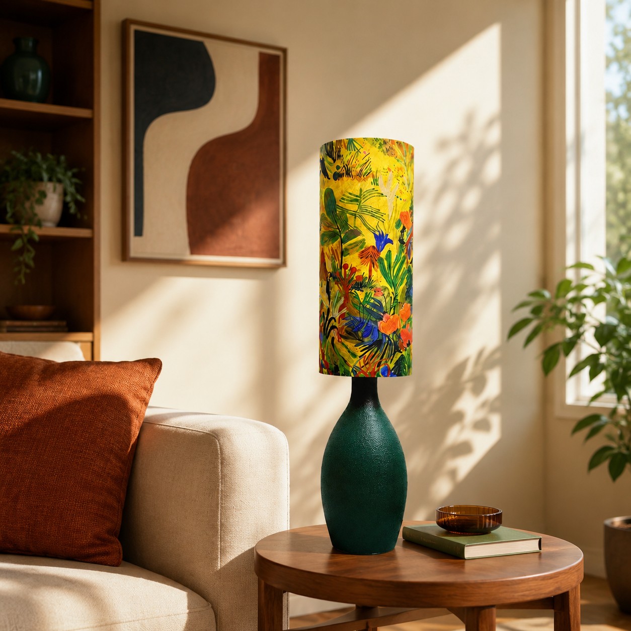 Yellow green floral table lamp styled beside a sofa