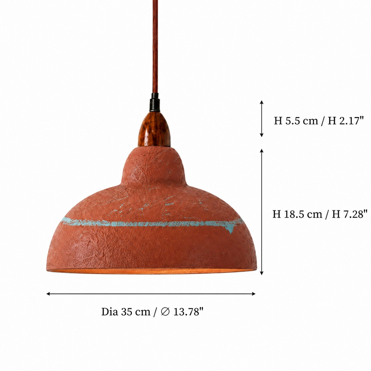 Größendiagramm der Pendelleuchte mit 35 cm Durchmesser und 18,5 cm Schirmhöhe
