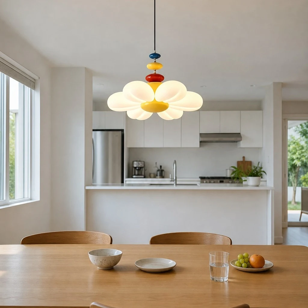 Lámpara colgante con forma de flor sobre una mesa de comedor
