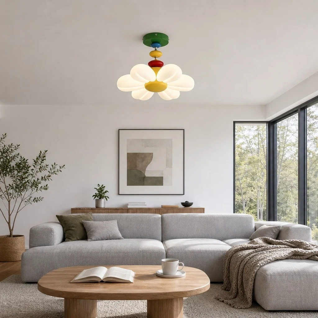Lámpara con forma de flor en una sala de estar luminosa