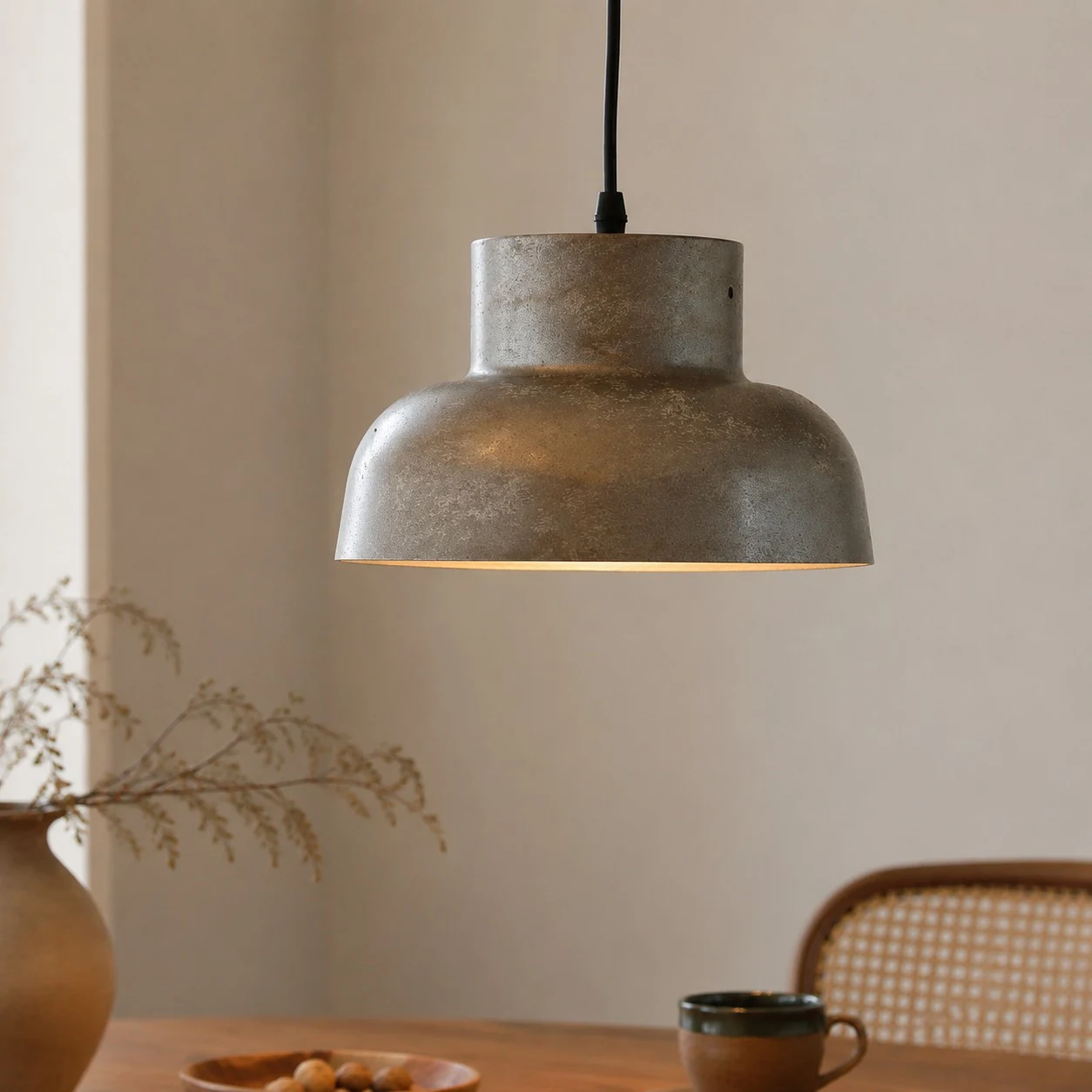 Lampadario a sospensione in metallo anticato sopra un tavolo da pranzo.